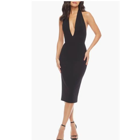 New DRESS THE POPULATION Vanessa Halter Body-Con Midi Dress $178 SMALL Black LBD - Picture 3 of 8